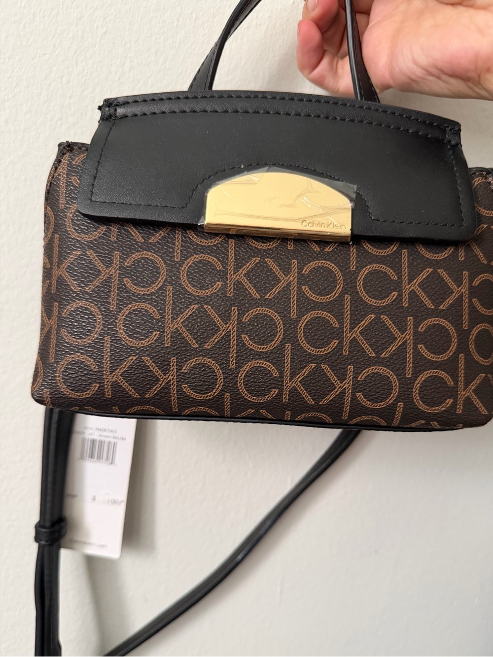 Calvin Klein Brown Logo Crossbody with Black Flap and Gold Hardware